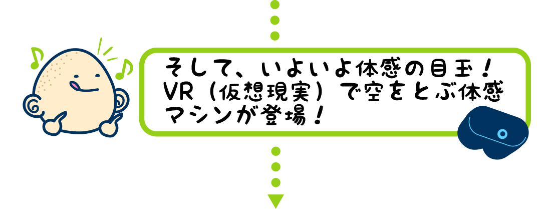 そして、いよいよ体感の目玉！VR（仮想現実）で空をとぶ体感マシンが登場！