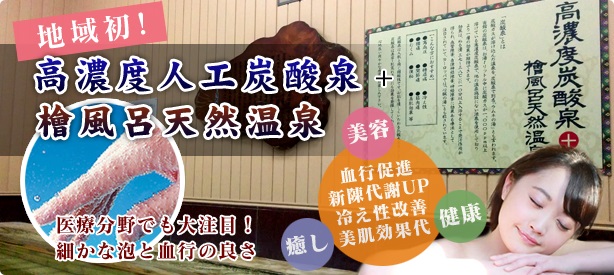 高濃度人口炭酸泉＋檜風呂天然温泉は地域初！