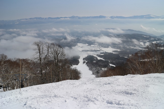 【サミットコース】非圧雪コース (上級)500m こぶ斜面、最上部の絶景コース。天気がよければ富士山まで見えます。